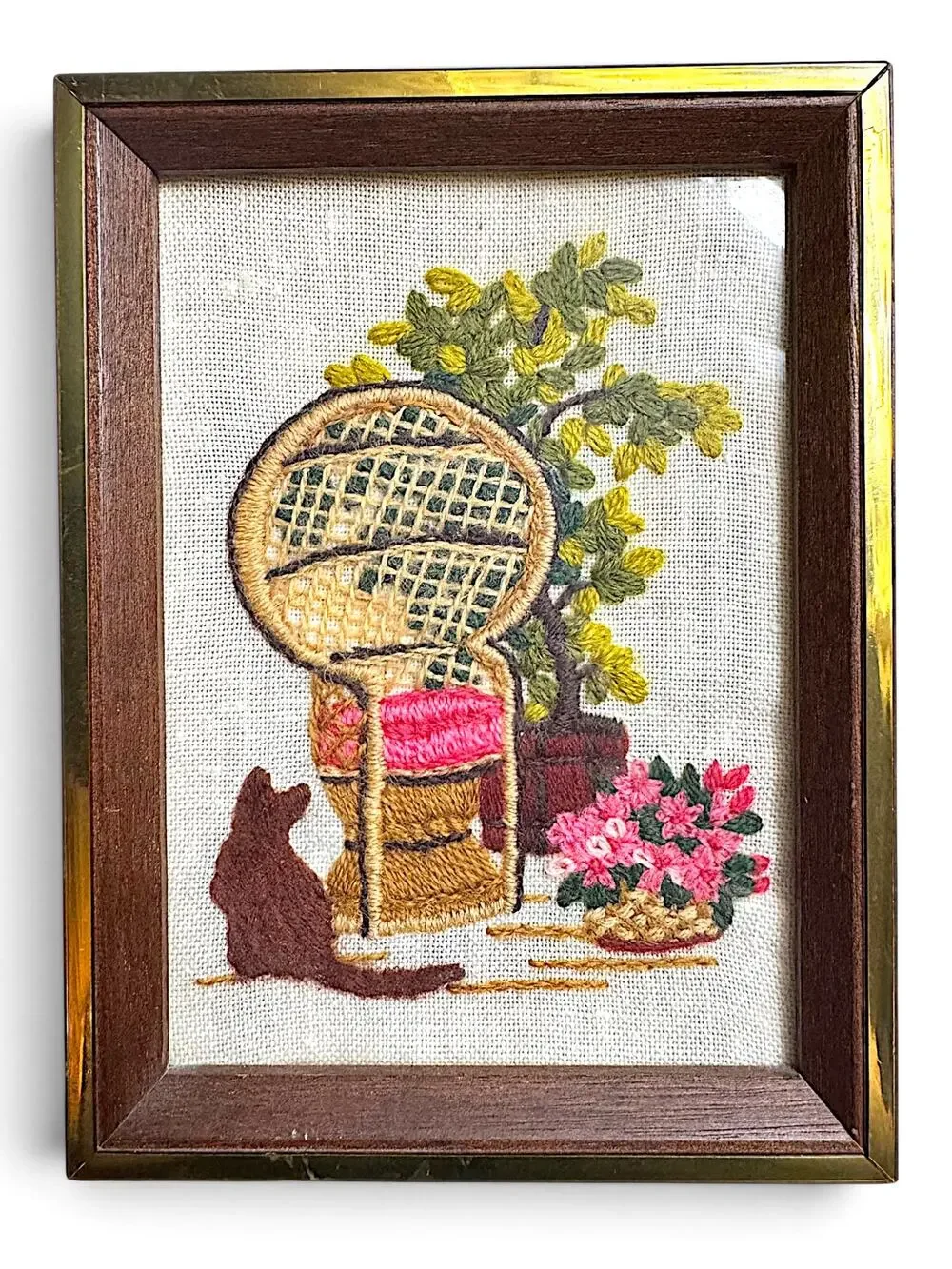 Vintage Hand-Embroidered Framed Needlework – Wicker Peacock Chair with Cat